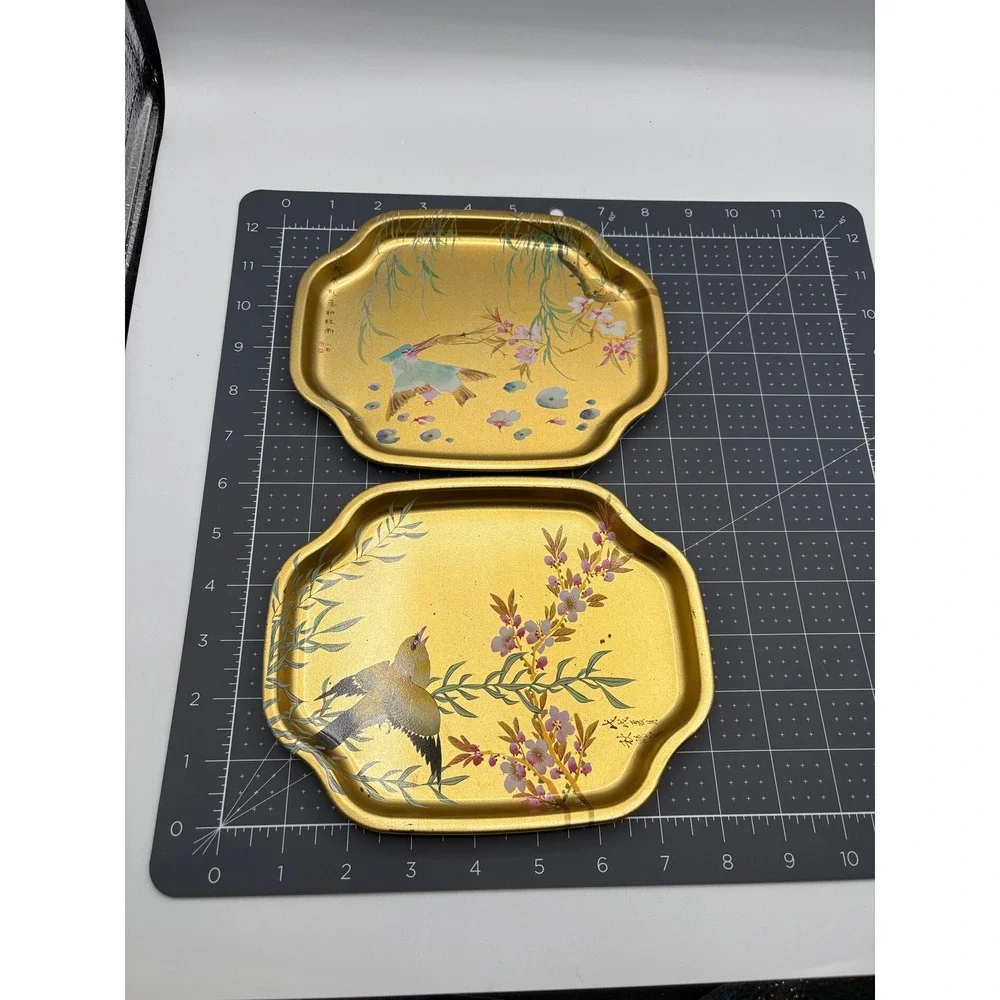 Vintage Elite Trays England Gold Metal Bird Floral Chinoiserie Mini Trays Set 2